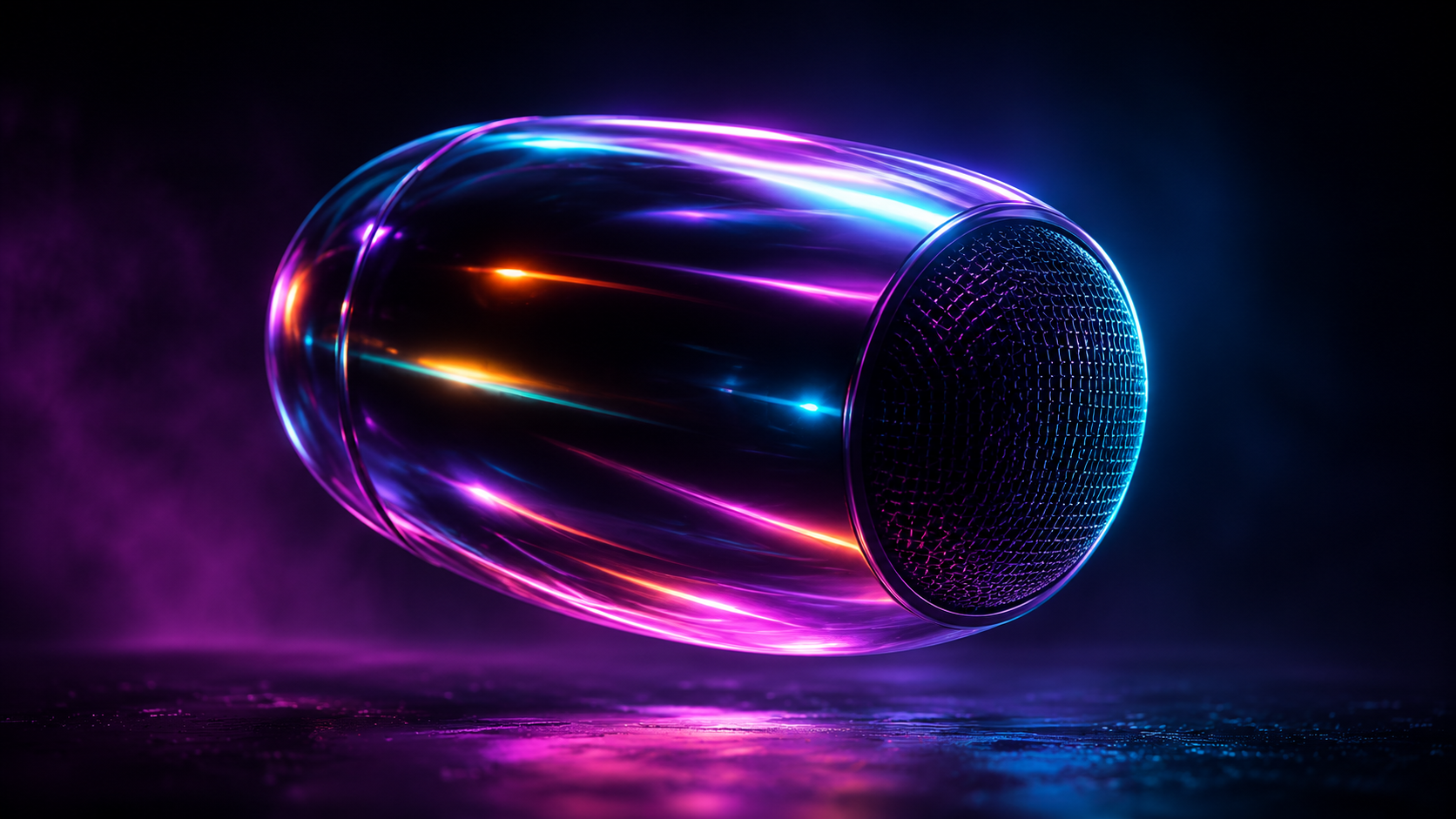 Iridescent capsule mic orb floating on dark aurora-gradient stage, pink/cyan/violet rim light