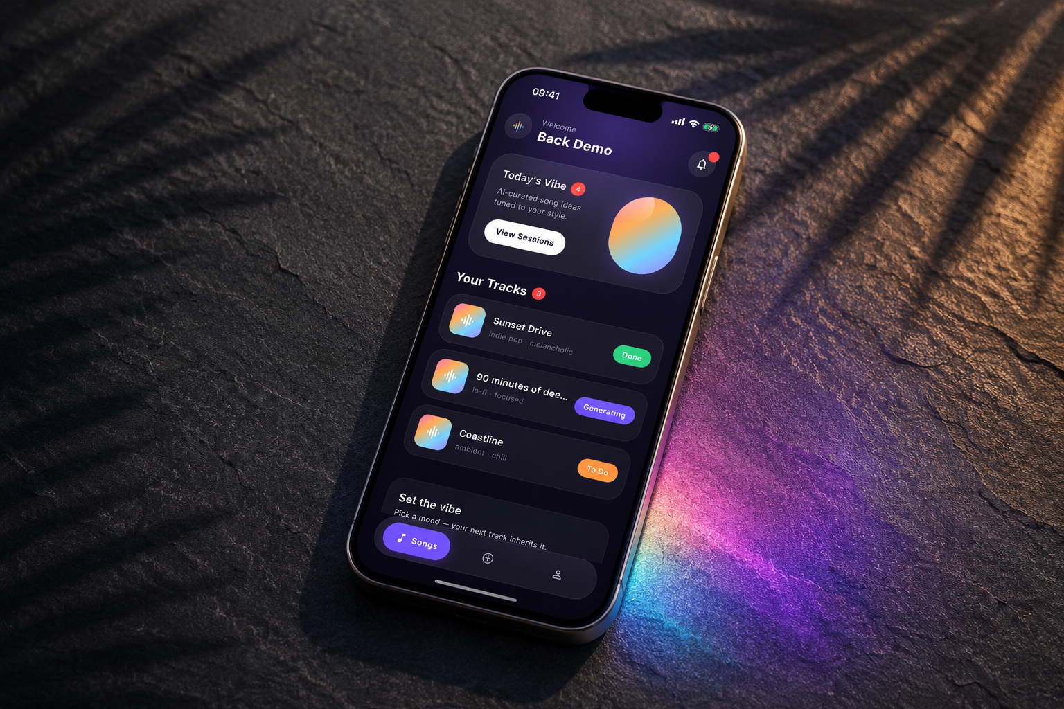 AUVIO phone on dark stone with iridescent rim light — atmospheric editorial scene