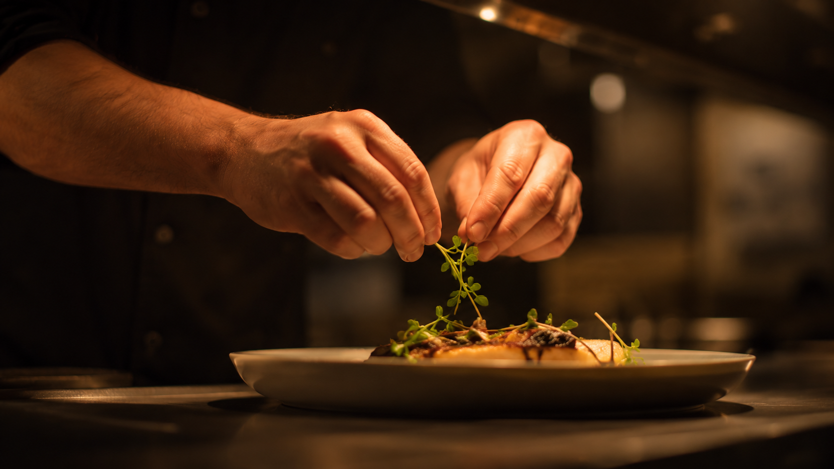 Chef hands placing fresh herb garnish on a plated dish at Berlin restaurant kitchen pass