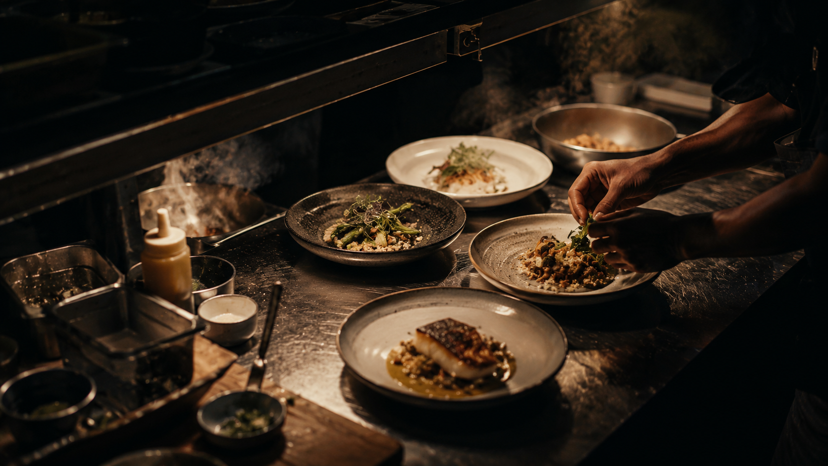 Berlin restaurant kitchen pass at service — atmospheric editorial scene