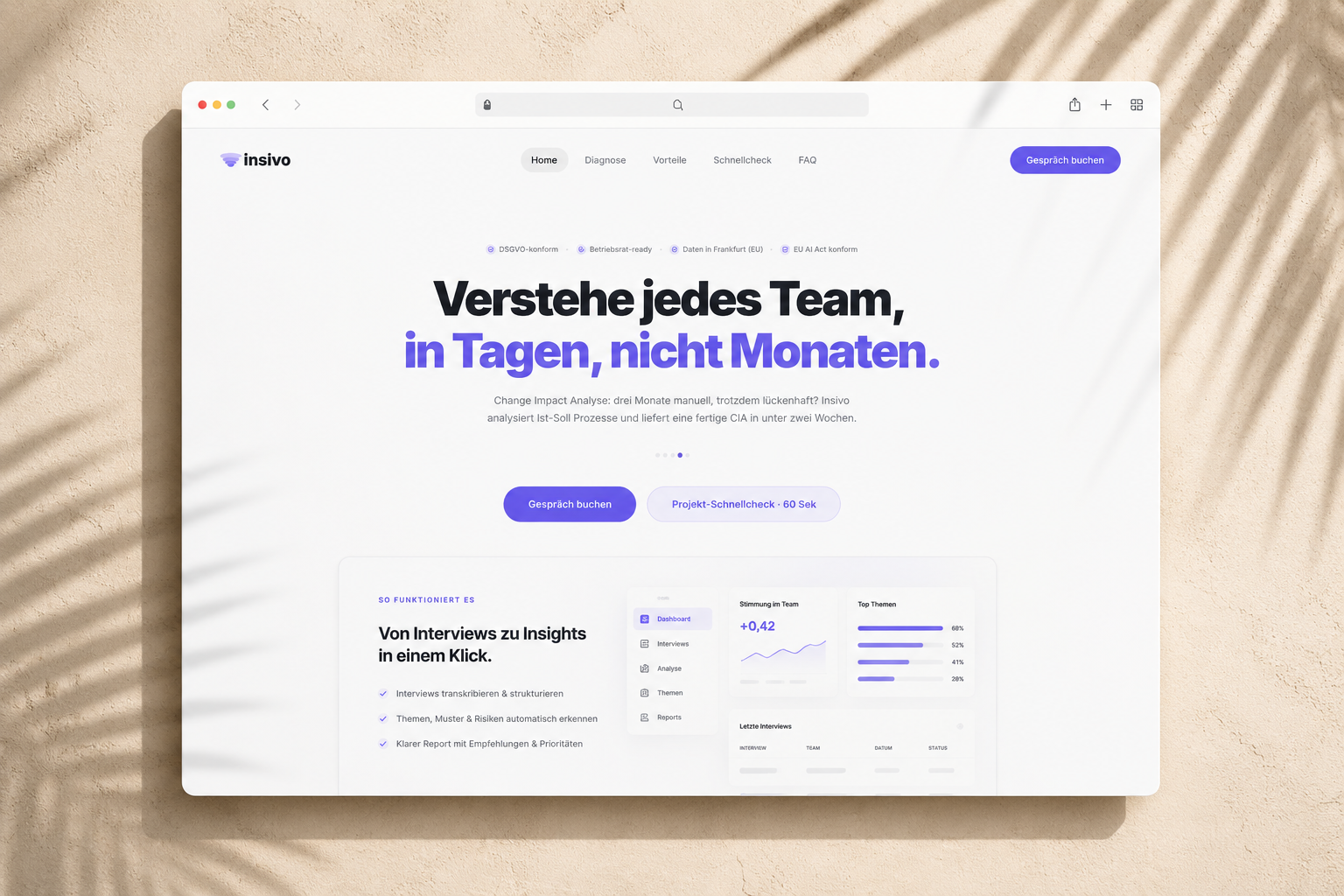 Insivo.ai marketing site floating on warm plaster with palm shadows — atmospheric editorial scene