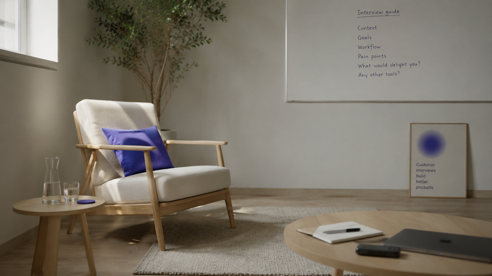 Quiet customer-interview room with Scandinavian chair, indigo cushion, whiteboard noting interview goals