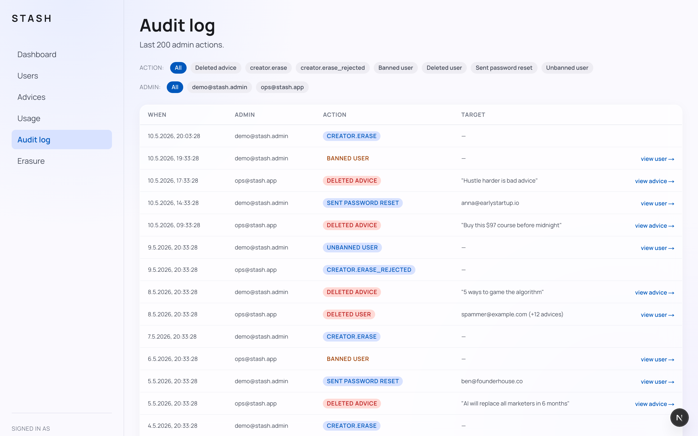 Stash audit log — timeline of every request with model, prompt sample and cost