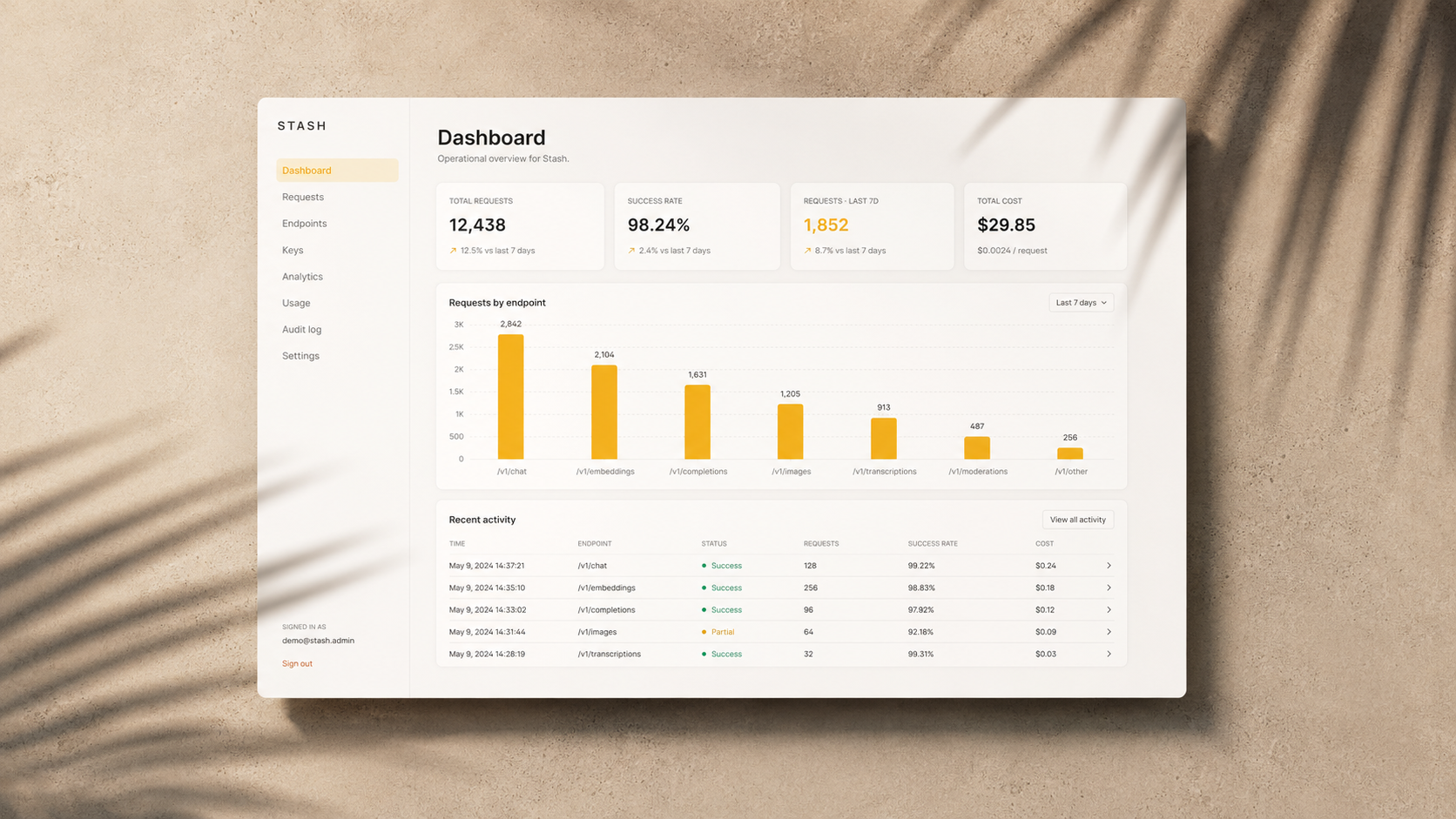 Stash operator dashboard on warm taupe plaster with palm-frond shadows — atmospheric editorial scene