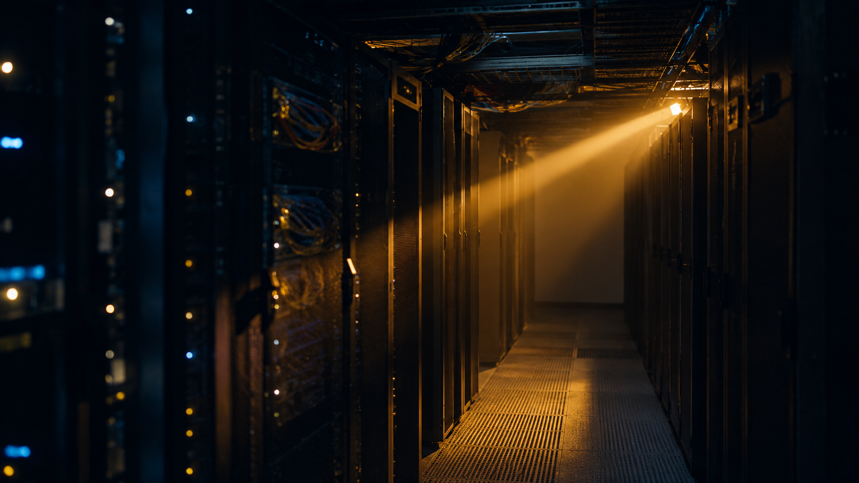 Server room aisle at night — amber light shaft cutting through blue-black ambient, cable runs in soft focus